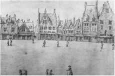Rechts De Roode Toren, tekening naar een schilderij uit 1605.JPG