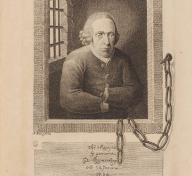 Bestand:Abraham Magaris (1721-1792), alias Johannes Cato Kamerling, heelmeester en falsaris, sinds 1765 gedetineerd in het tuchthuis te Middelburg, met een ketting aan lijst..PNG